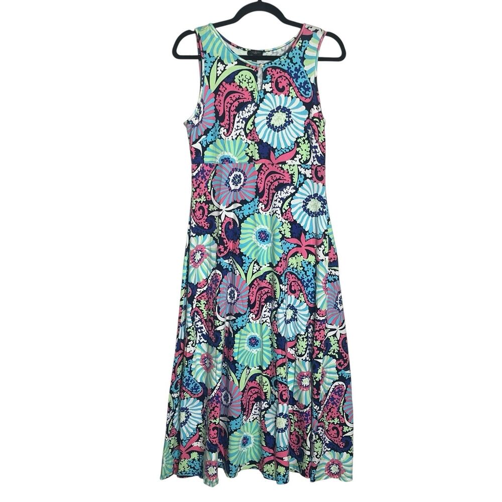 Talbots Maxi Dress M Petite Filigree Floral Sleeveless Jersey Knit Stretch Mod - Picture 2 of 11